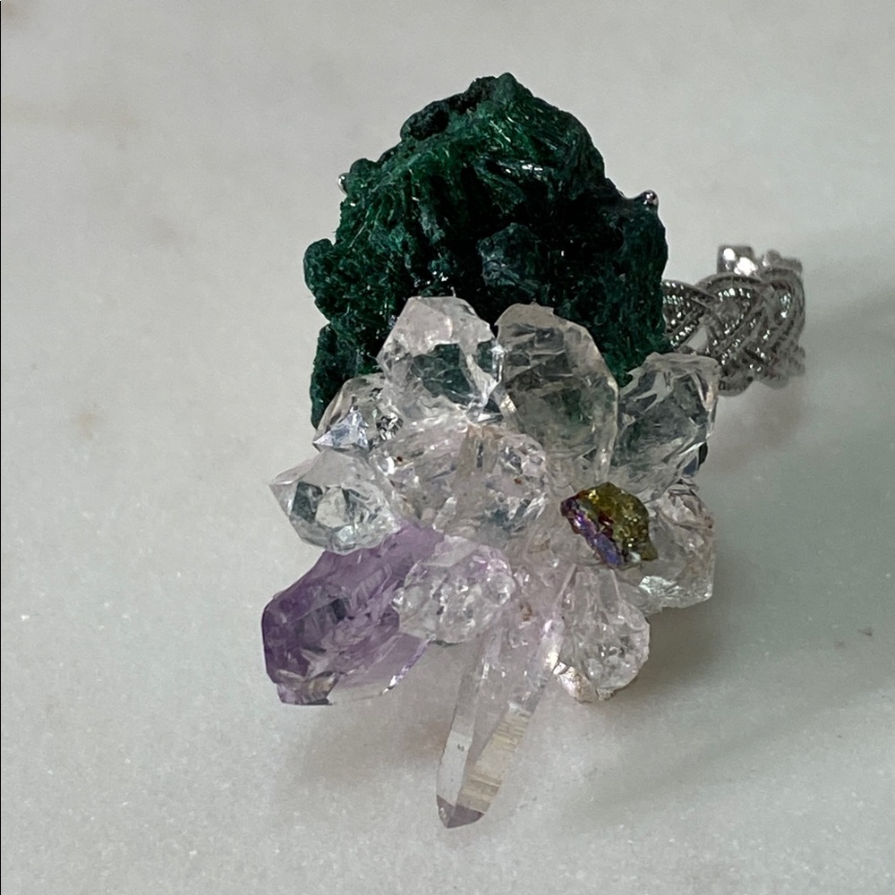 Malachite & Amethyst Statement Ring | Raw Quartz & Pyrite - Picture 3 of 8